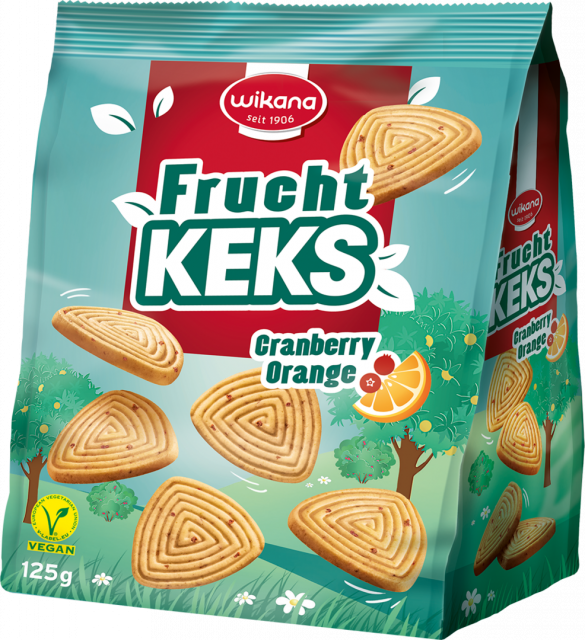Wikana Fruchtkeks Cranberry & Orange Knackig, fruchtig, köstlich: Mit seinen extra großen Cranberry-Stücken und einer feinen Orangennote ist dieser ballaststoffreiche Keks eine erfrischende Abwechslung im Süßwarenregal